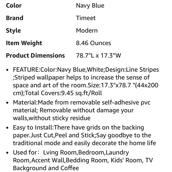 NWT Navy & white Peel & Stick Wallpaper striped - 17.7inch x 78.7inch - Picture 7 of 7